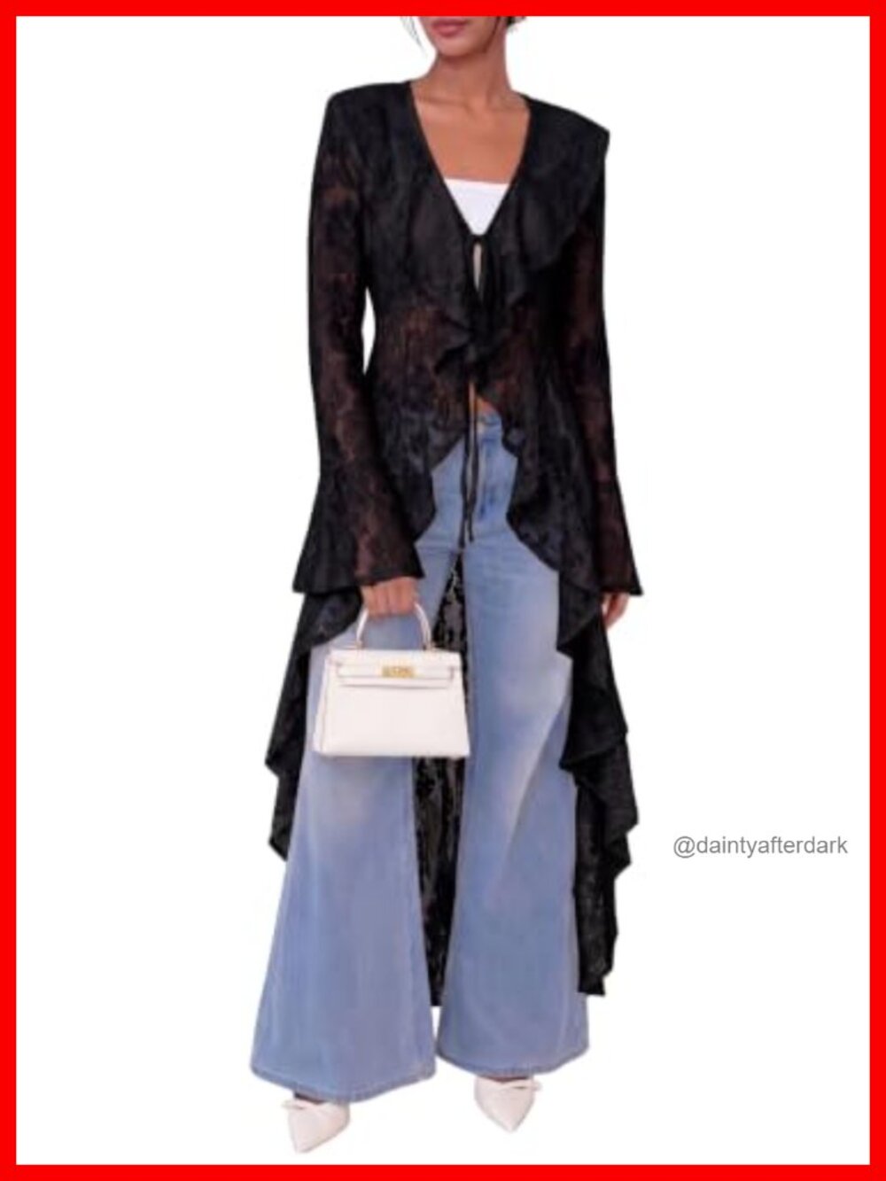 Womens Lace Maxi Cardigan Open Front Tie Bell Sleeve Swim Cover Up